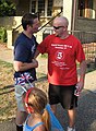 O'Farrell (left) speaks with a supporter.