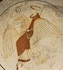 Attic white-ground red-figured kylix of Aphrodite riding a swan (c. 46-470) found at Kameiros (Rhodes)