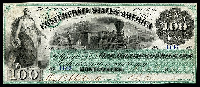 $100 (T3) Minerva, railroad National Bank Note Company (1,606 issued)