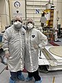 Nancy Chabot and Andy Rivkin, researchers at Johns Hopkins University Applied Physics Laboratory, are pictured with the DART spacecraft.