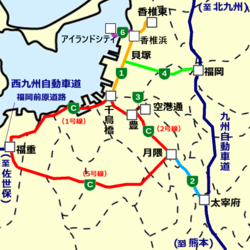 福冈高速道路と周辺高速道路のルート図。