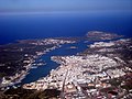 Mahon from the air with the Illa del Rei in the middle, above the city center.