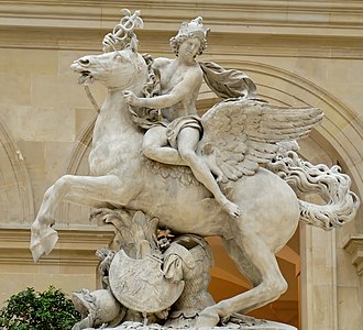 Mercury riding Pegasus, (1701–02) by Antoine Coysevox (1640–1720). Originally at Marly, moved to the Tuileries in 1719 and placed at the west gate of the garden. In 1986 the original of marble was moved to the Louvre and replaced by a copy