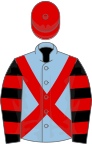 Light blue, red cross belts, black and red hooped sleeves, red cap