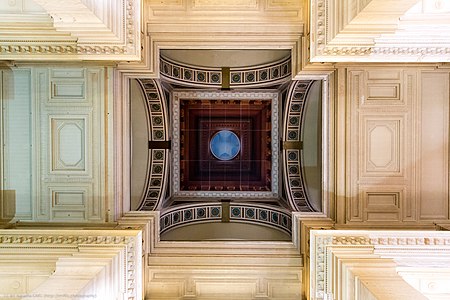 At the centre of the building looking upwards towards the dome