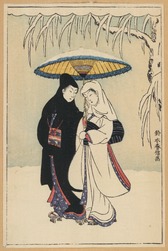 Couple under umbrella in snow, Suzuki Harunobu