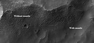 Surface showing appearance with and without mantle covering, as seen by HiRISE, under the HiWish program. Location is Terra Sirenum in Phaethontis quadrangle.