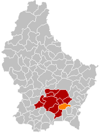 孔特恩在卢森堡地图上的位置，孔特恩为橙色，卢森堡县为深红色