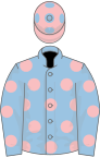 Light blue, pink spots, pink cap, light blue spots