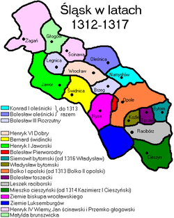 Silesian duchies 1312–17: Duchy of Brzeg in light grey