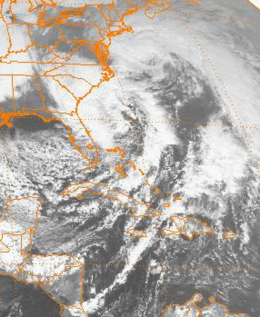 美國東部和加勒比海西部的衛星圖像，兩個大規模風暴清晰可見。