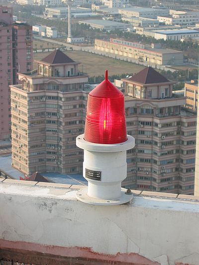 An aircraft warning light on top of a highrise in Changzhou, China
