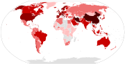 Reported cases of COVID-19 by country as of 17 March 2020, with number indicated by intensity of color