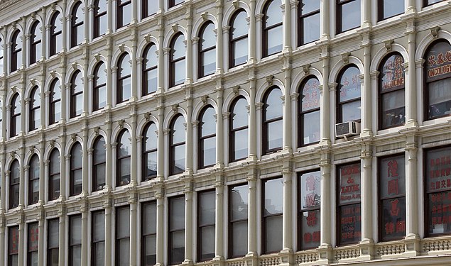 Cast Iron Facade of the Bruce Building on the Canal Street side. The building is located on 254-260 Canal Street at the corner of Lafayette Street