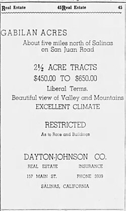 Gabilan Acres - Dayton-Johnson Co. - 1940 - "Restricted as to race and buildings"