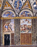 Sebastiano's Polyphemus next to Raphael's Galatea in the Villa Farnesina. Two of his lunettes above.