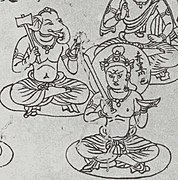 Two-armed Mahākāla (lower right) holding a sword and a skull cup