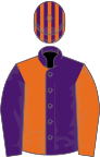 Purple and orange halved, sleeves reversed, striped cap