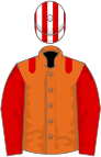 ORANGE, red epaulettes and sleeves, red and white striped cap