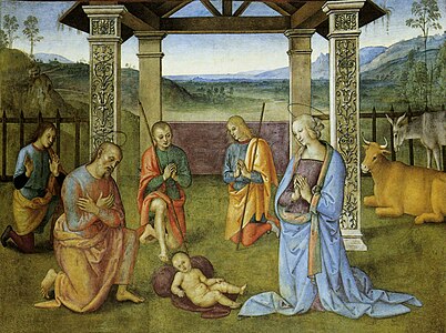 In this 1503 painting by Perugino, malachite pigment was used to paint the bright green garments of the worshippers, while the background greens were painted in green earth pigments.