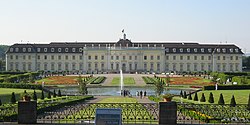 Ludwigsburg Palace and the Blooming Baroque gardens seen from the south garden in June 2006. In the center and background is the Neuer Hauptbau and in particular the Marble Hall