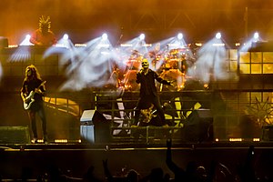 Several members of Slipknot performing onstage