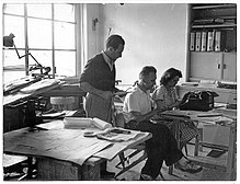 Eugenio Gentili Tedeschi in his Milan studio with two colleagues.