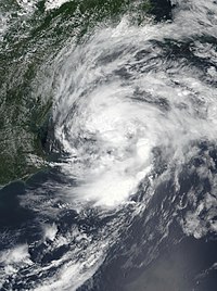 A satellite image of Tropical Storm Claudette on June 21, 2021.