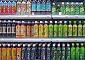 Cold tea drinks in plastic bottles at a convenience store in Japan