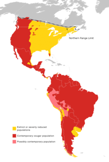 Distribution of cougars; yellow indicates former range. The lower 48 US states fall into the native range.