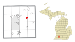 盖尔斯堡在卡拉马祖县及密歇根州的位置（以红色标示）