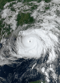 A satellite image of Hurricane Ida approaching landfall in Louisiana on August 29, 2021.