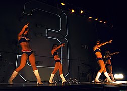 The New England Patriot cheerleaders performing on USS Kearsarge.