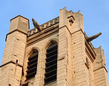 Detail of the tower, with gargoyles to eject rain water