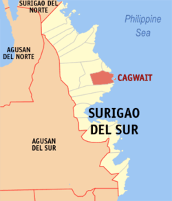 Map of Surigao del Sur with Cagwait highlighted