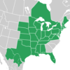 Symphyotrichum praealtum distribution map: Canada — Ontario; Mexico — Chihuahua, Coahuila, and Nuevo León; US — Alabama, Arkansas, Connecticut, Delaware, District of Columbia, Florida, Illinois, Indiana, Iowa, Kansas, Kentucky, Louisiana, Maine, Maryland, Massachusetts, Michigan, Minnesota, Mississippi, Missouri, Nebraska, New Hampshire, New Jersey, New York, Ohio, Oklahoma, Pennsylvania, Rhode Island, South Dakota, Tennessee, Texas, Virginia, West Virginia, and Wisconsin.