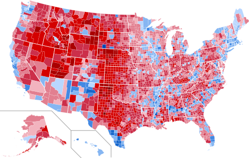 各县结果，根据获胜候选人的得票率上色。