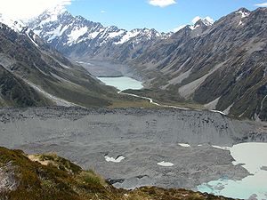 Mueller glacier (under rubble) and its moraine (foreground).
