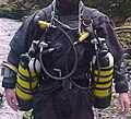 Front view of the modified British sidemount harness with cylinders.