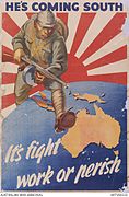 Caricature of Japanese soldier striding towards Australia