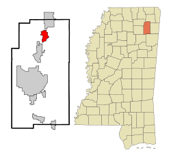 甘敦在李县及密西西比州的位置（以红色标示）