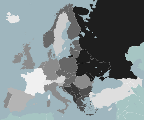 各国人口中Avaaz组织成员所占百分比以颜色区分的地图（附有各国名称）