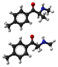 The two enantiomers of mephedrone: The potentially more potent S form is above the R form.