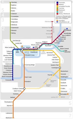 A map of the Transperth railway network