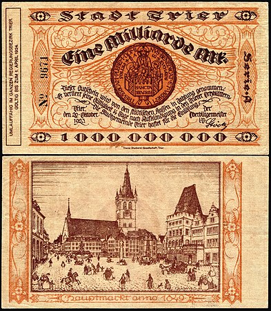 图为100年前今日在德国特里尔发行的紧急货币，面值为十亿马克，由弗里兹·匡特设计，背面为特里尔的中央市集广场。