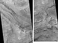 由火星侦察轨道器的HiRISE从两个方向看米拉斯峡谷的沉积岩地层。左图的位置是右图的北方，两图的比例不同。点选看大图可见地层细节。