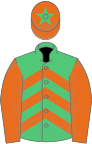 Emerald green and orange chevrons, orange sleeves, orange cap, emerald green star