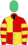 Red and yellow (quartered), hooped sleeves, emerald green cap
