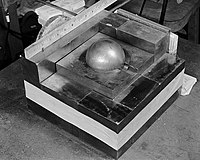 The sphere of plutonium surrounded by neutron-reflecting tungsten carbide blocks in a re-enactment of Daghlian's 1945 experiment[6]