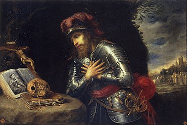 Painting of a knight looking at a skull and Bible